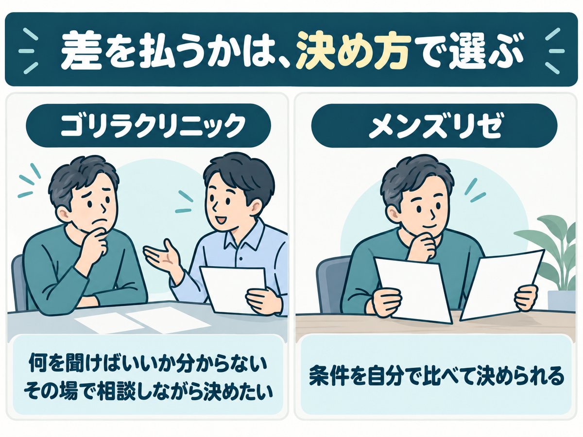 ゴリラクリニックとメンズリゼの差を払うかを、相談して決めたいか条件で比べたいかで分けた図解