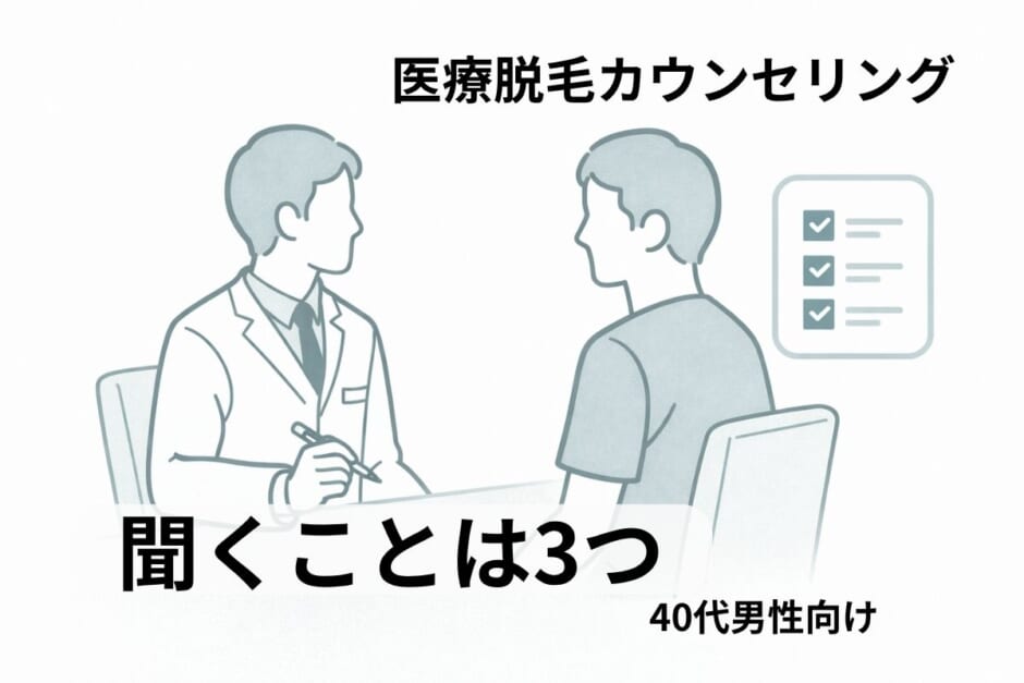 医療脱毛カウンセリングで医師と40代男性が向かい合って相談しているイラスト
