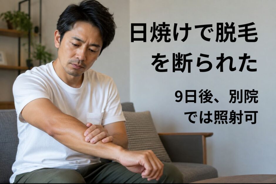 日焼けした前腕を見ながら医療脱毛できるか考える40代男性