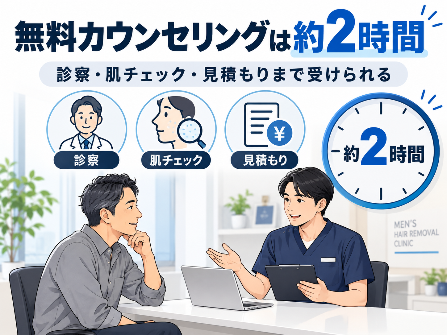 ゴリラクリニックの無料カウンセリングは約2時間。男性カウンセラーへの相談と診察・肌チェック・見積もりを表した図解