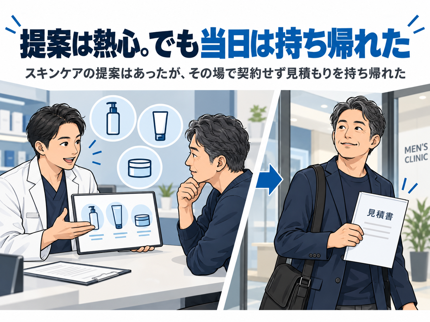 ゴリラクリニックではスキンケアの提案が熱心だったものの、初回は契約せず見積書を持ち帰った体験を表した図解