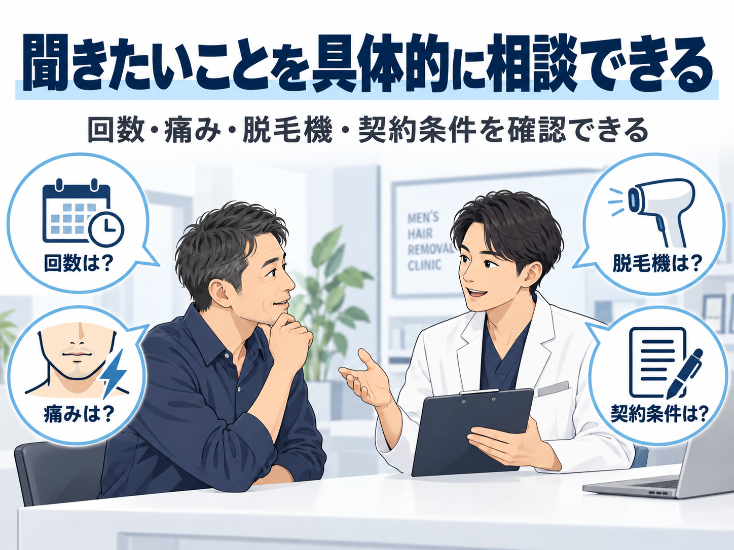 ゴリラクリニックの男性カウンセラーに脱毛回数・痛み・脱毛機・契約条件について質問する40代男性の図解