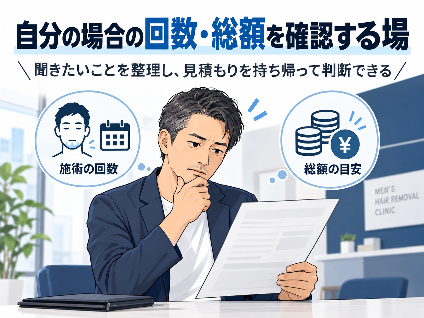 ゴリラクリニックの見積書を見ながら自分に必要な脱毛回数と総額を確認する40代男性の図解