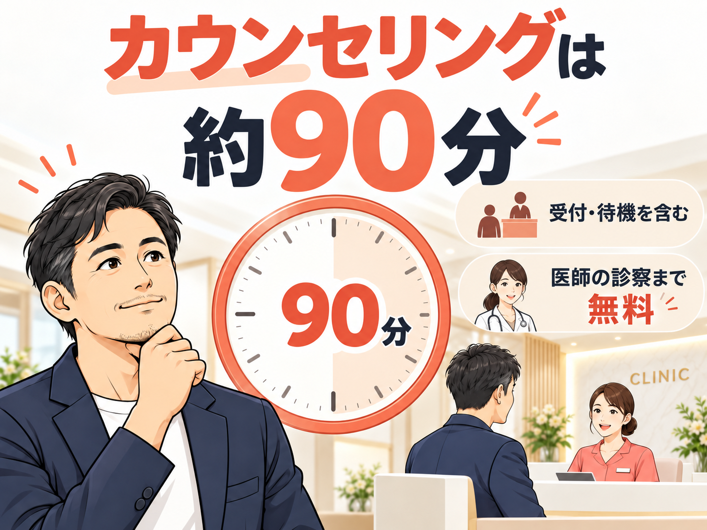湘南美容クリニックの無料脱毛カウンセリングは受付・待機を含め約90分、医師の診察まで無料だった筆者の体験を示す図解