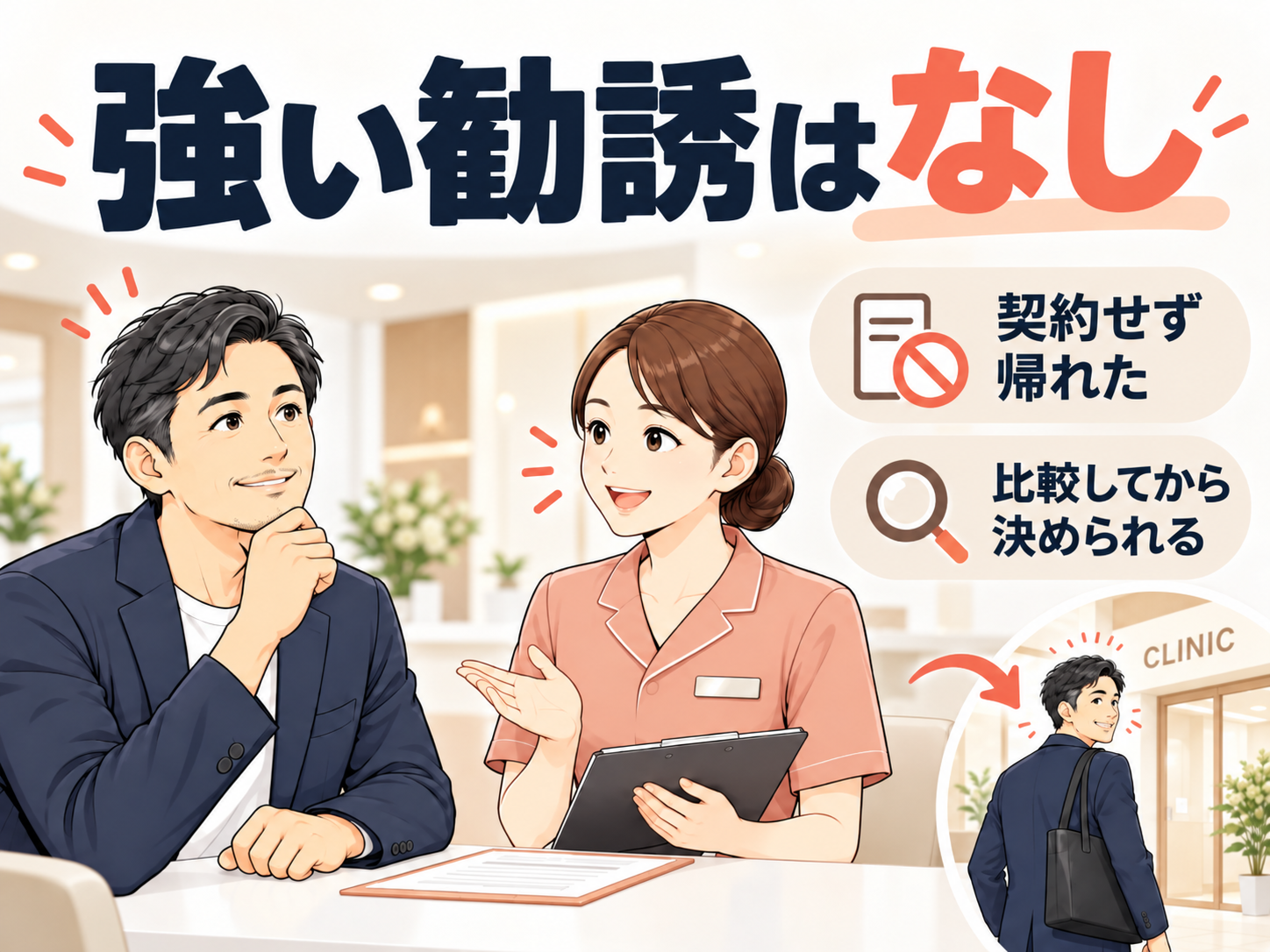湘南美容クリニックの脱毛カウンセリングでは強い勧誘がなく、当日は契約せず帰れたことを示す図解
