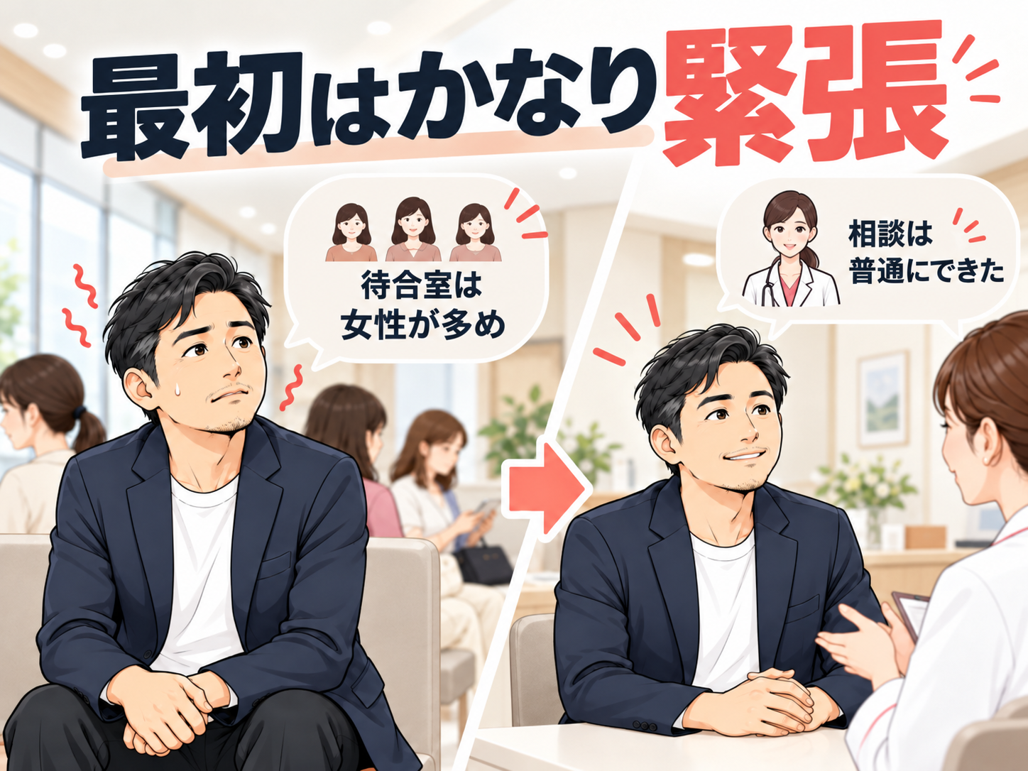 湘南美容クリニックの待合室で40代男性が緊張したものの、カウンセリングでは普通に相談できた体験を示す図解