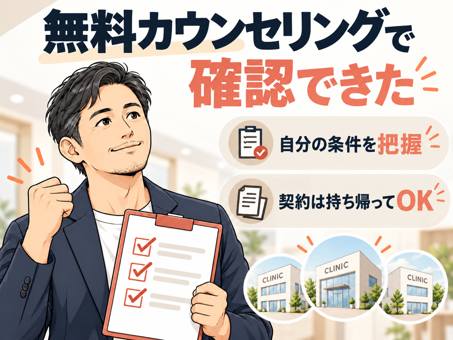 湘南美容クリニックの無料カウンセリングで自分の脱毛条件を確認し、当日は契約せず持ち帰れた筆者の体験をまとめた図解