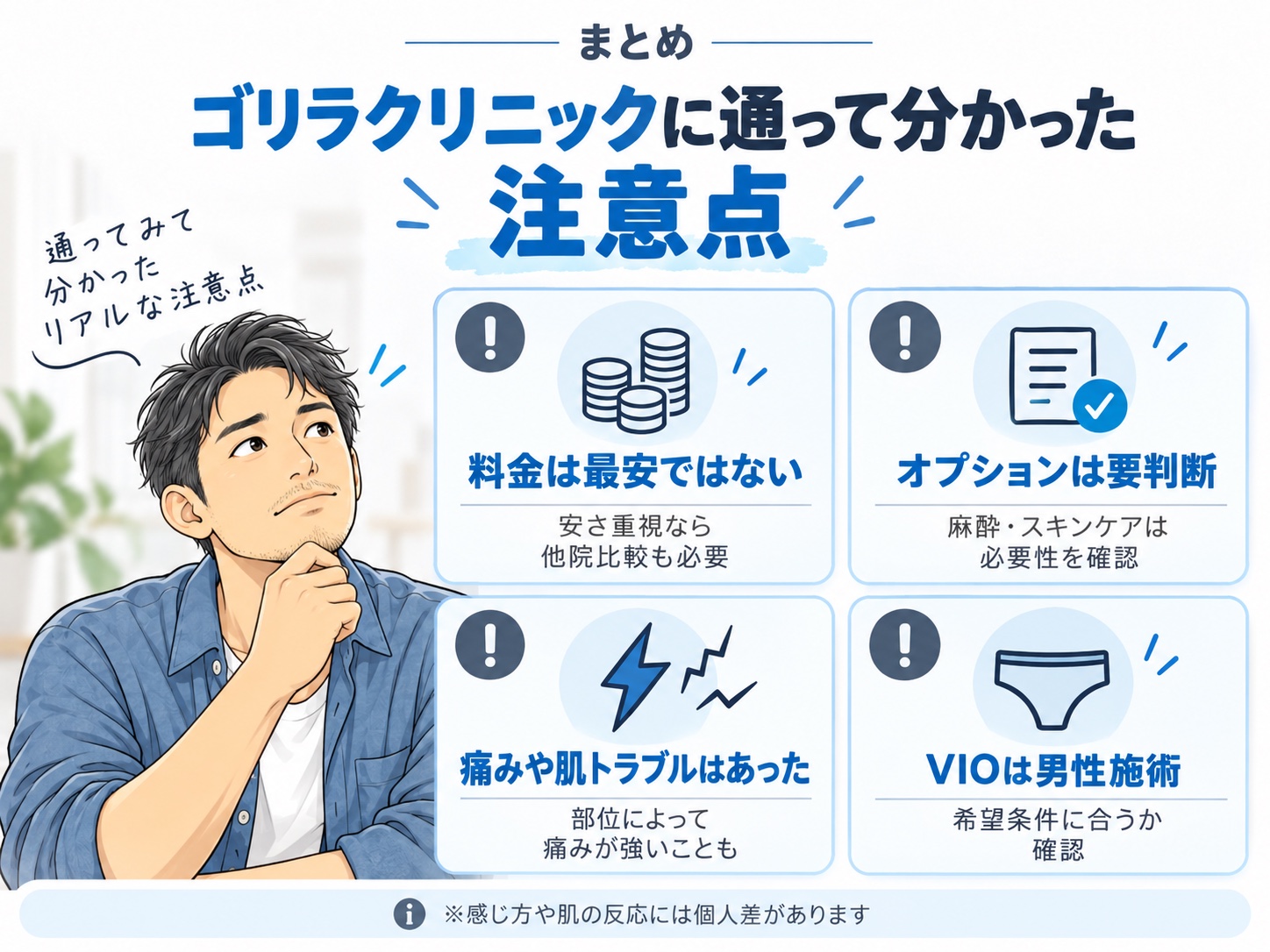 ゴリラクリニックに通って分かった料金、オプション、痛み、VIO施術者に関する注意点の図解