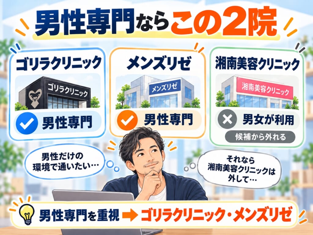男性専門を重視する場合にゴリラクリニックとメンズリゼを比較する考え方