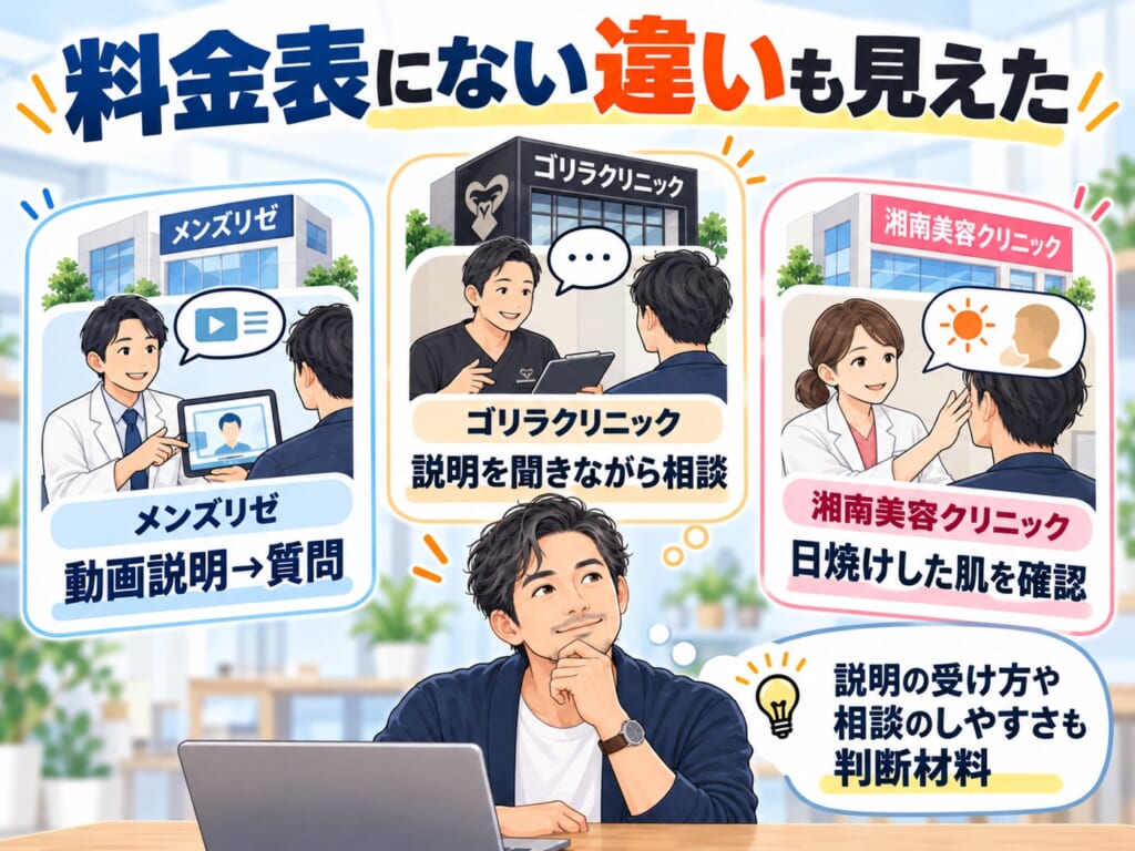 ゴリラクリニック・メンズリゼ・湘南美容クリニックのカウンセリングで感じた違い