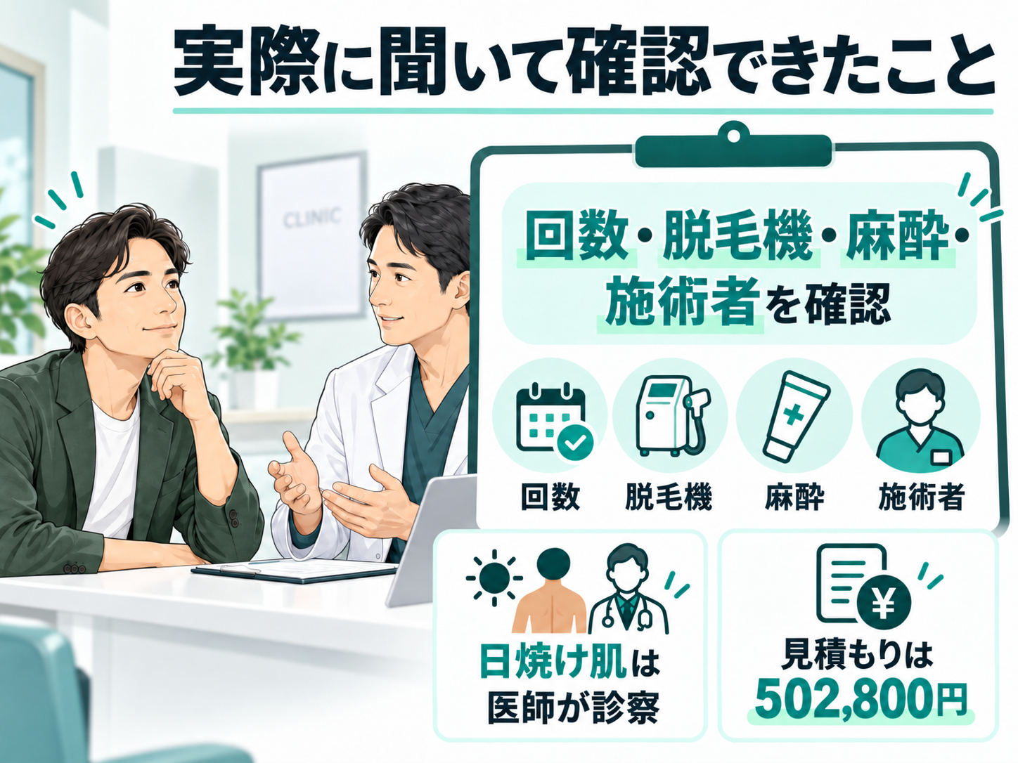 メンズリゼのカウンセリングで回数・脱毛機・麻酔・施術者を確認し、502,800円の見積もりを受け取った体験の図解