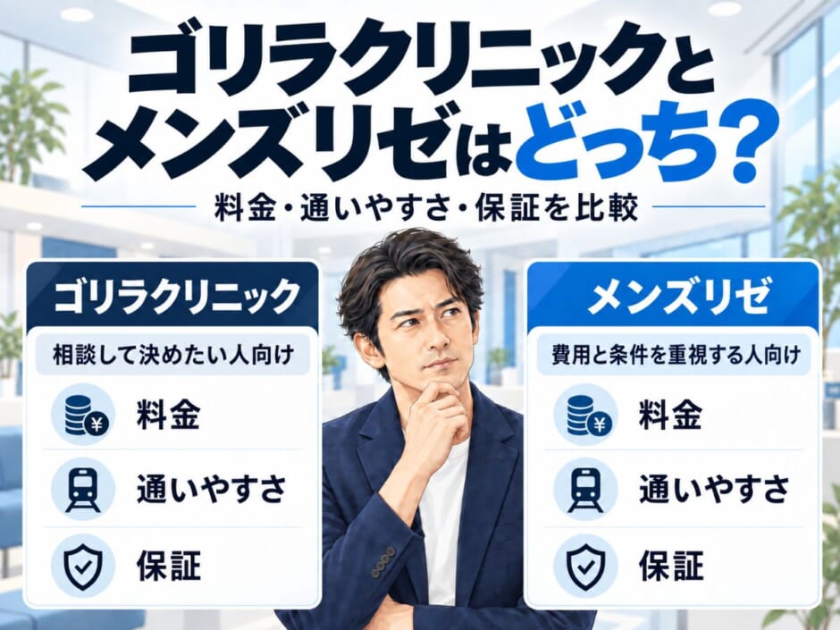 ゴリラクリニックとメンズリゼを料金・通いやすさ・保証で比較する男性向け医療脱毛記事のアイキャッチ画像