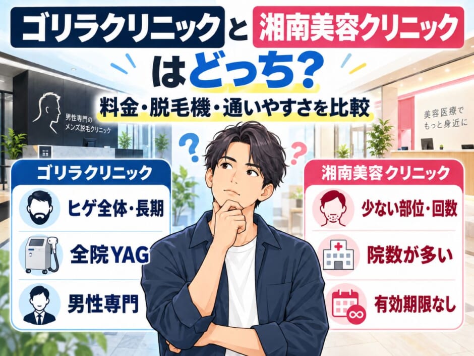 ゴリラクリニックと湘南美容クリニックの違いを比較する男性のイラスト