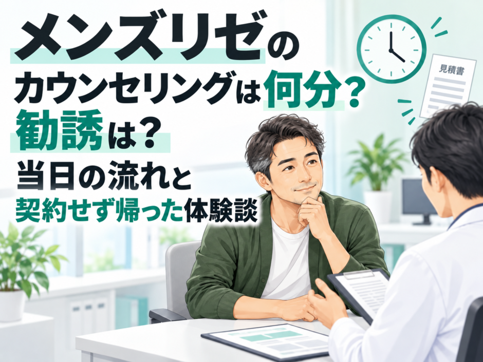 メンズリゼのカウンセリングは何分？勧誘の有無や当日の流れを40代男性の相談場面で示したイラスト