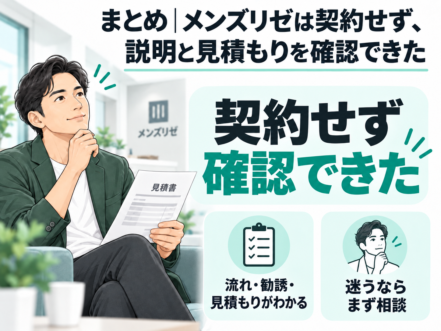 メンズリゼのカウンセリングで契約せず、説明や見積もりを確認できた40代男性の体験をまとめた図解