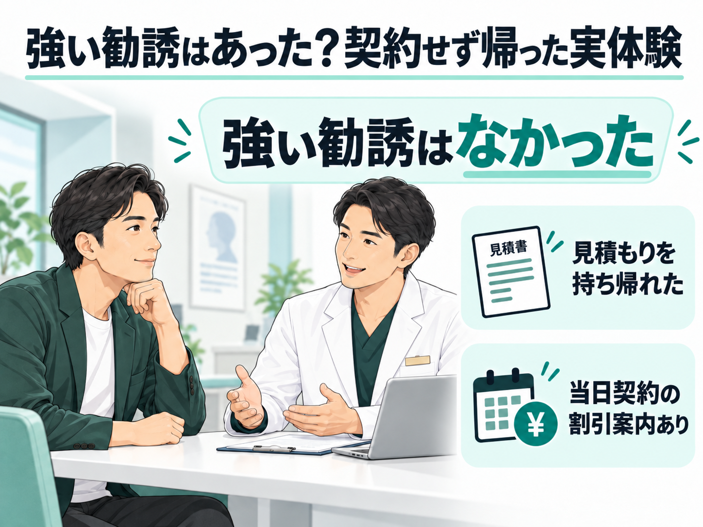 メンズリゼで男性カウンセラーに相談し、強い勧誘を感じず、契約せずに見積もりを持ち帰れた体験を示す図解