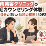湘南美容クリニックの脱毛カウンセリング体験。40代男性が女性カウンセラーに相談し、約90分の流れと勧誘の有無を紹介するアイキャッチ