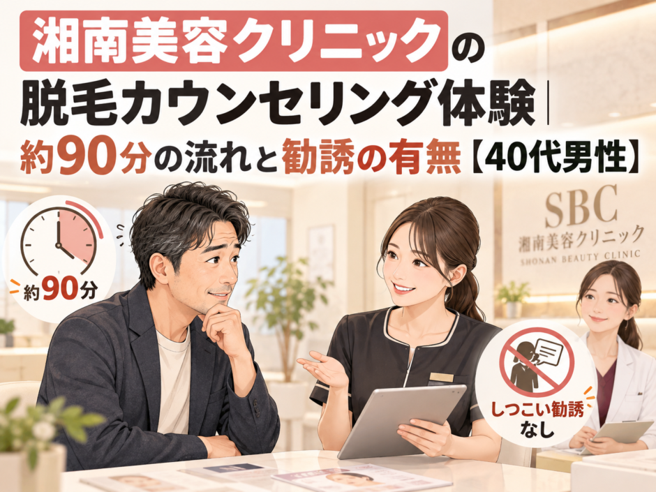 湘南美容クリニックの脱毛カウンセリング体験。40代男性が女性カウンセラーに相談し、約90分の流れと勧誘の有無を紹介するアイキャッチ