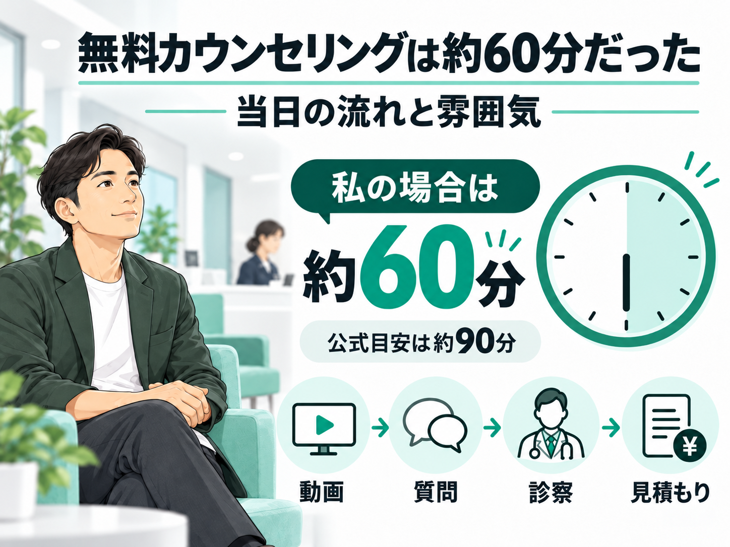 メンズリゼの無料カウンセリングは実際約60分、公式目安約90分で、動画・質問・診察・見積もりの順に進んだことを示す図解
