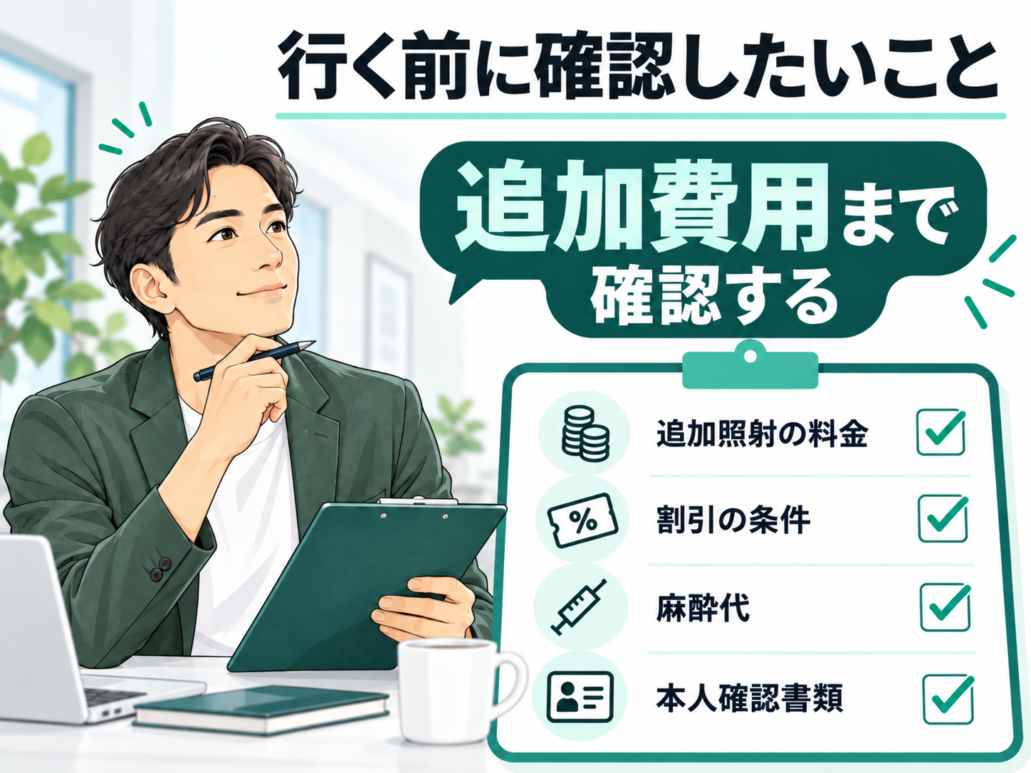 メンズリゼのカウンセリング前に追加照射の料金・割引条件・麻酔代・本人確認書類を確認するチェックリスト図解
